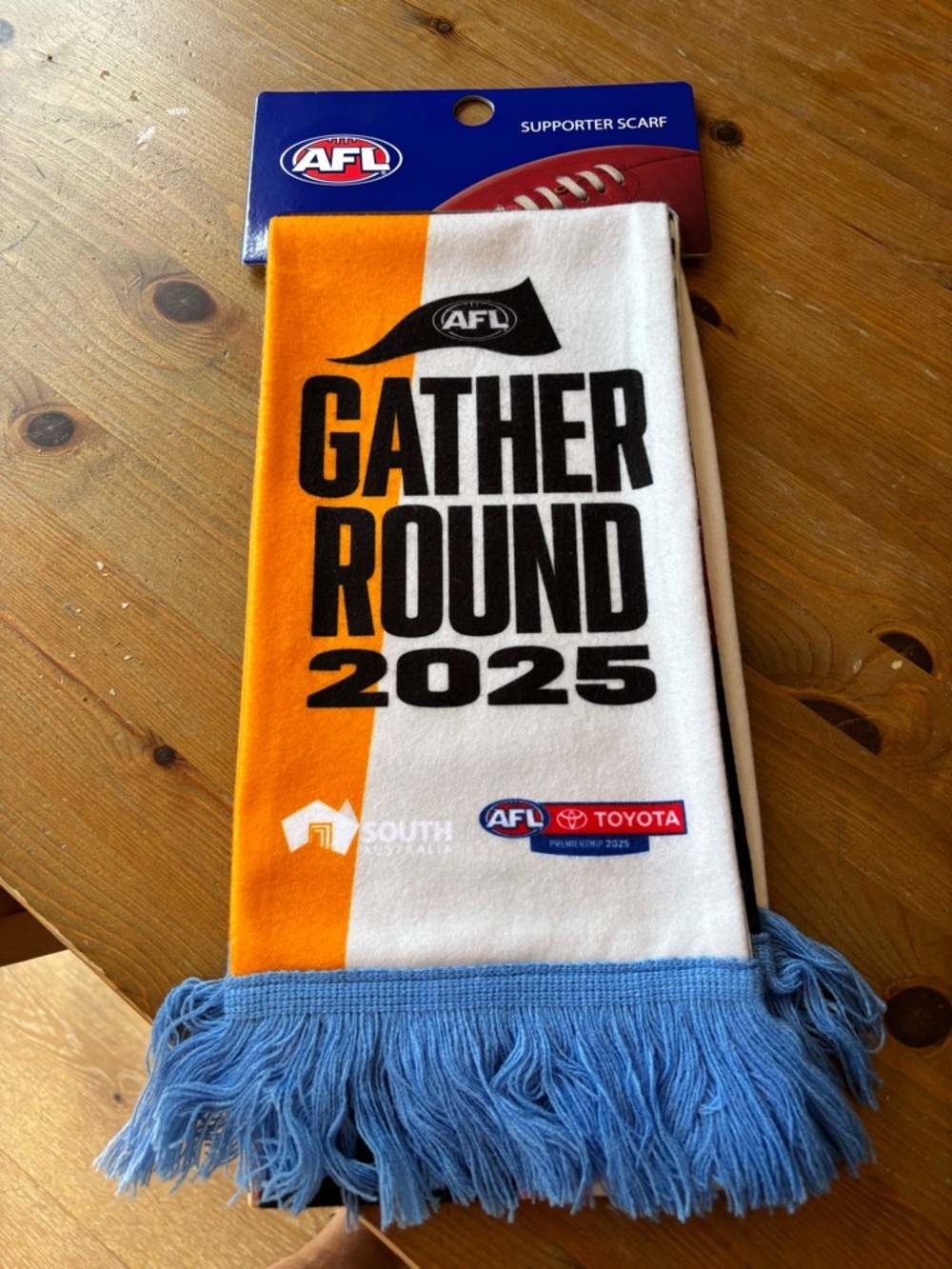 Gather Round 2025 Supporter Scarf - White & Orange with Blue Fringe